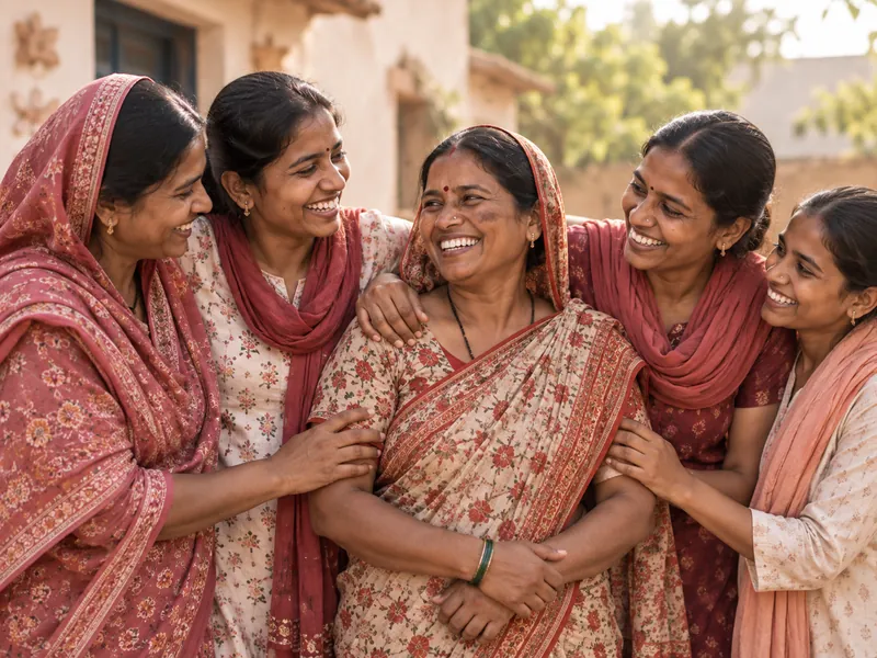 A group of women from a rural village laughing together.