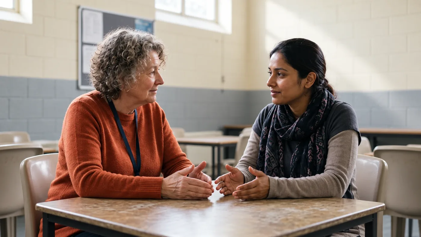 A volunteer visitor talking warmly with a woman across a table in a visiting room.