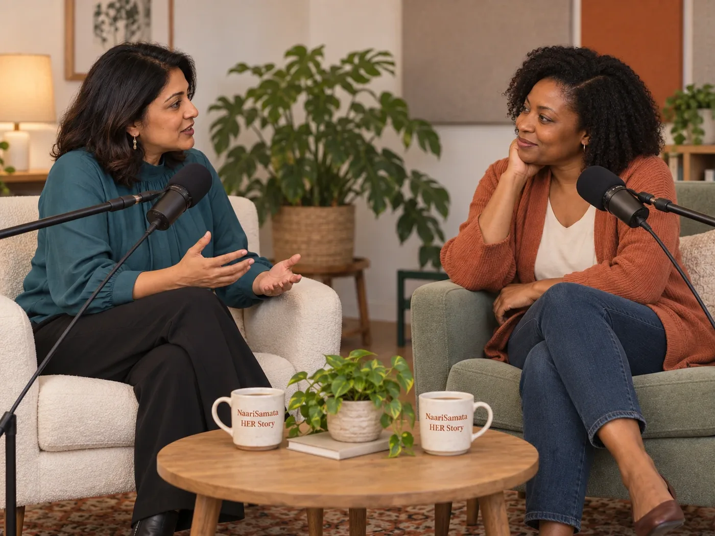 Two women recording an episode of the NaariSamata Her Story podcast, with branded mugs on the table.
