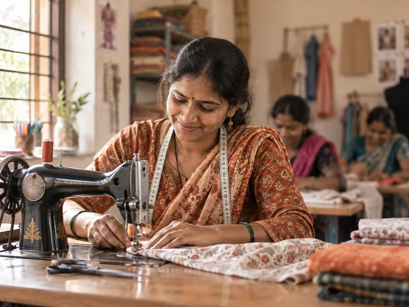 A woman sewing fabric on a machine at a tailoring training centre.