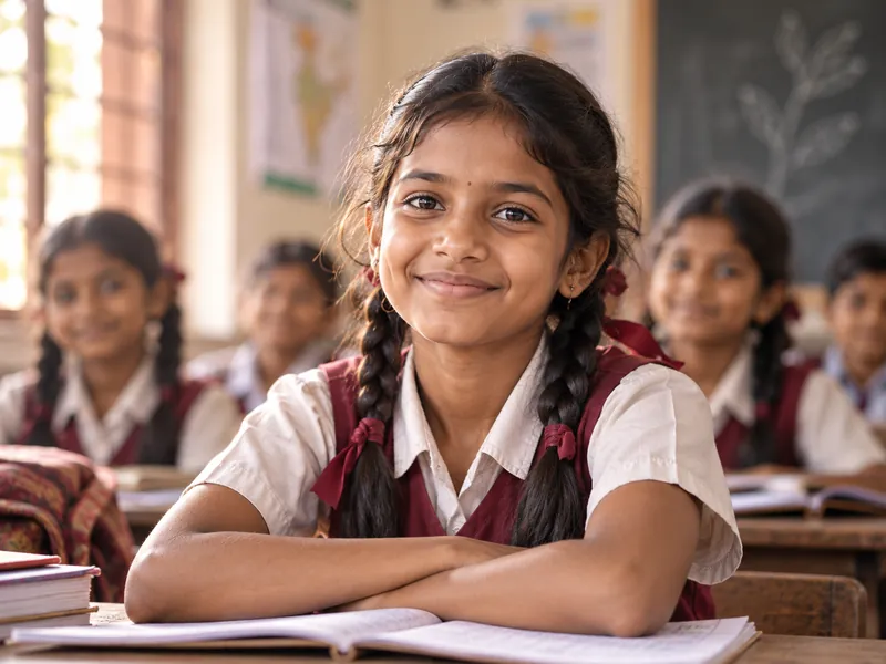 A smiling schoolgirl sitting at her classroom desk.